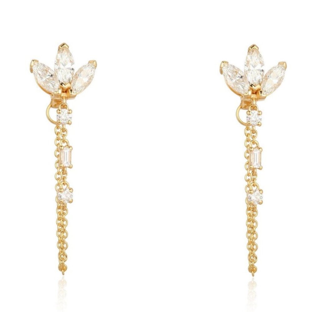 Marquise Diamond 14K (or 18k upon request) Yellow Gold Petal Chain Drop Earrings